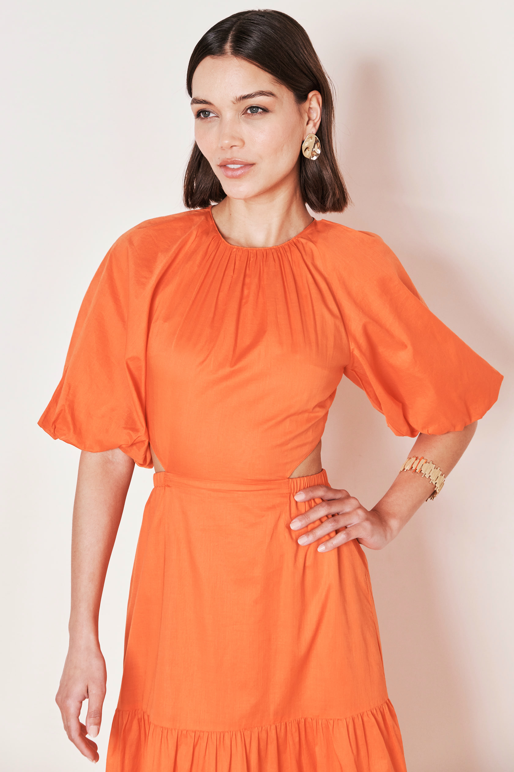open lace back dress Orange Puff Sleeve Dress main image 1