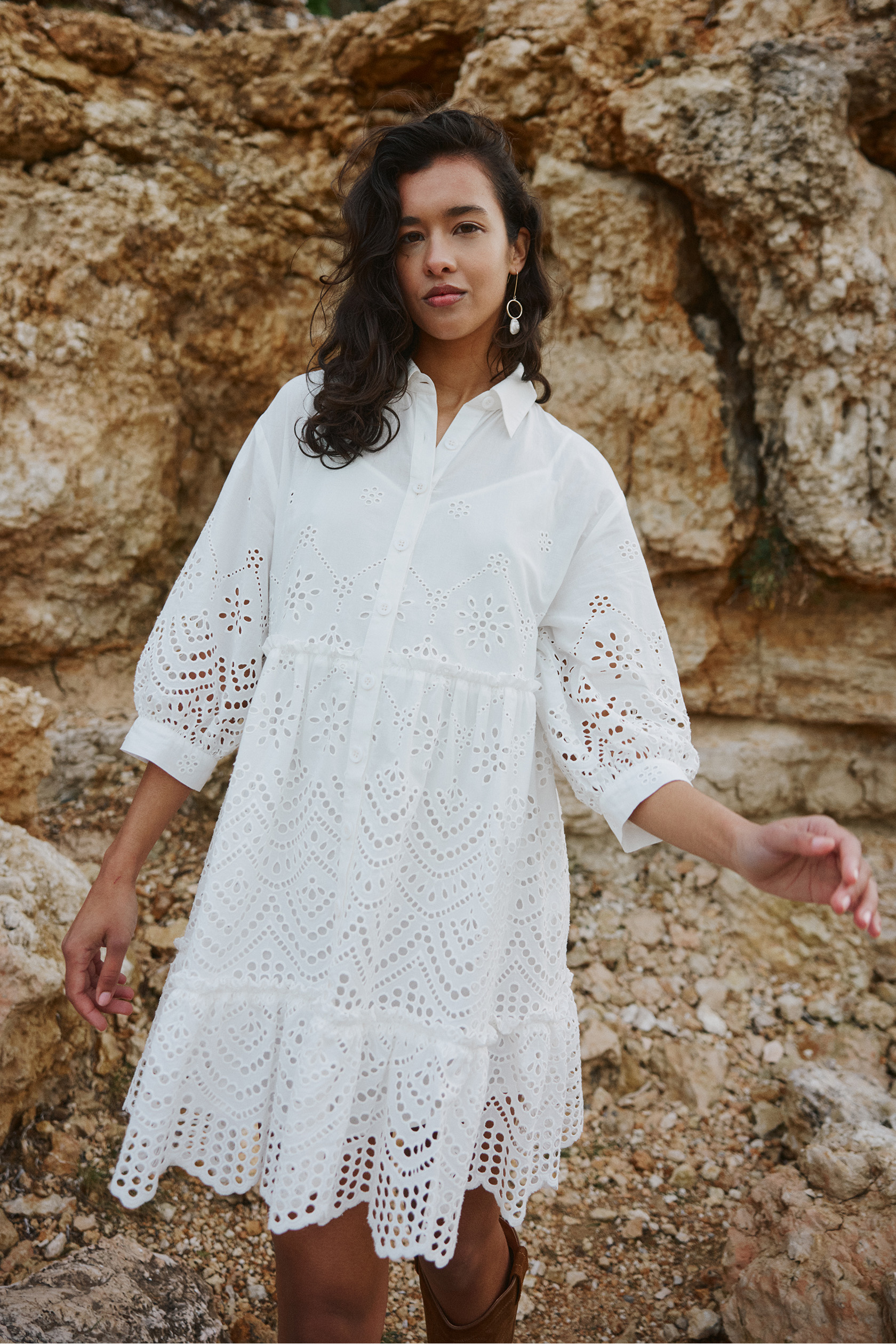 CLAIRE LUISE® Shirt dress with lace in ecru