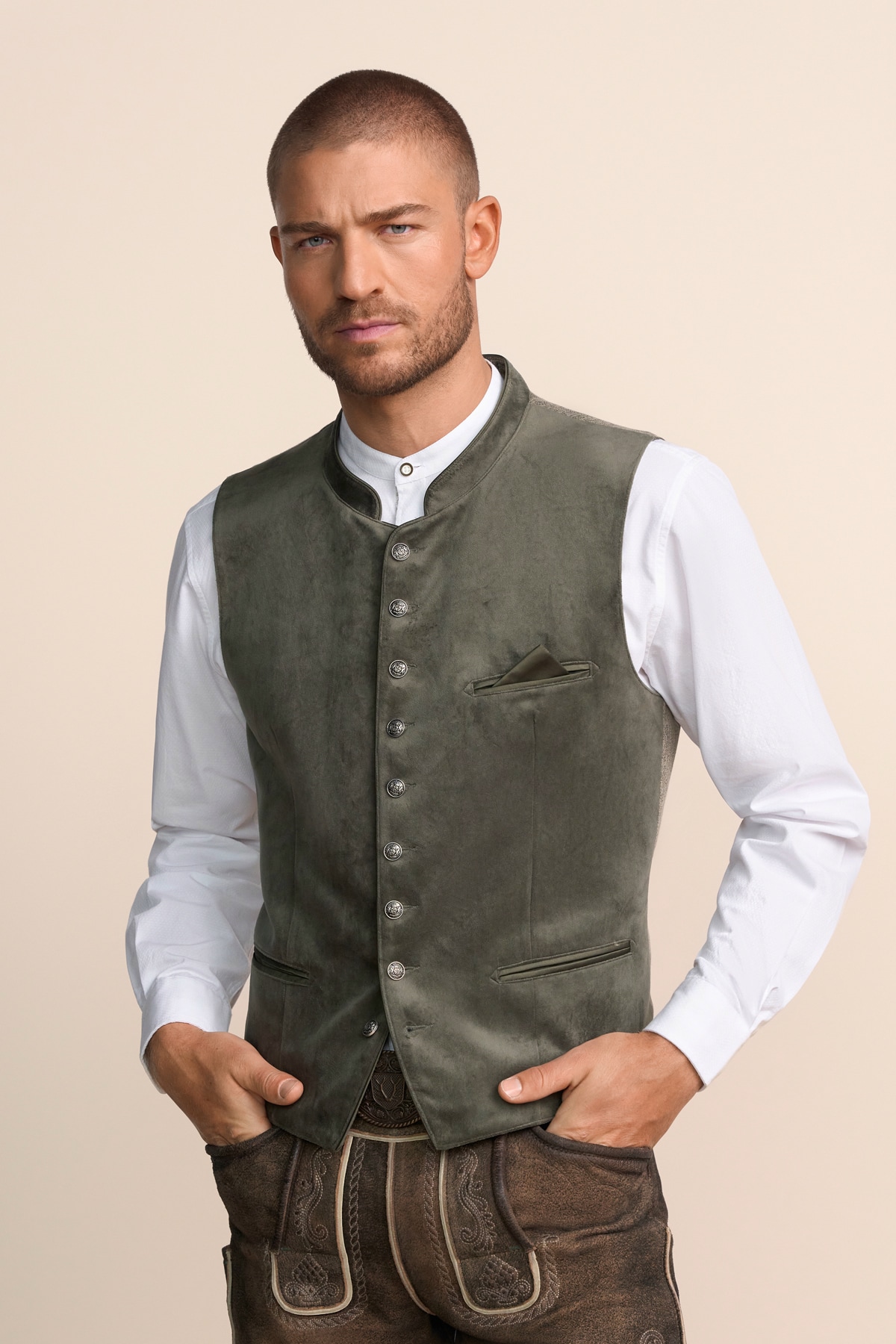 Klederdrachtset voor heren, leren broek met bretels klederdrachthemd Beiers Oktoberfest (broek hemd) BKB02, Bruin & Blauw Geruit, Lederhose 58 Hemd 2XL