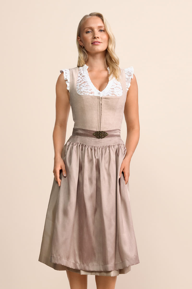 KRÜGER MADL Midi Dirndl Beige - 70er Rocklänge Damen Trachten Dirndl